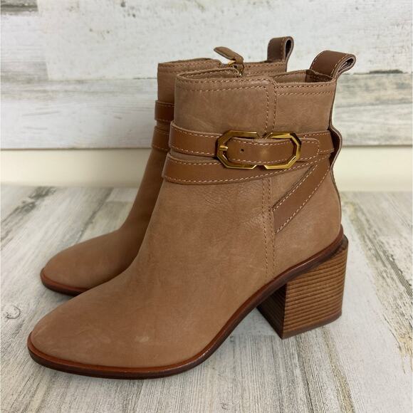 Louise et Cie Women’s 5 Uzma Tan Leather Ankle Booties Block Heel Designer New - Picture 1 of 8